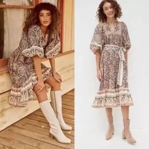 Cleobella Patterned Midi Dress in Cream and Brown